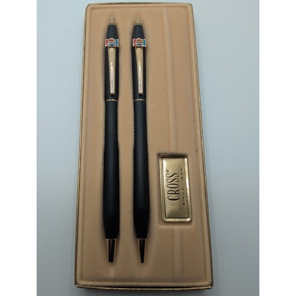 Vintage Cross Classic Black Ballpoint Pen Pencil Set 2501 Gold Trim Pepsi Logo